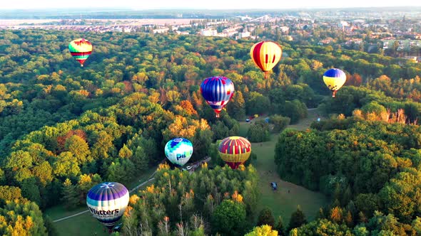 Beautiful sunbeams illuminate the balloons that fly over the park, green trees.