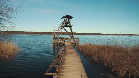 Wooden Tower to Watch Birds on Sloka Lake, Kemeri National Park, Latvia. Observation Tower on Lake S