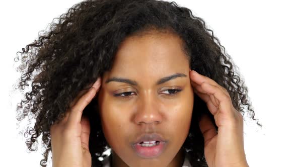 Frustrated Black Woman with Headache White Background