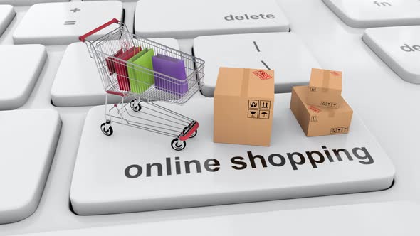 Shopping Online Via Internet with Shopping Cart Full with Shopping Bag and Boxes