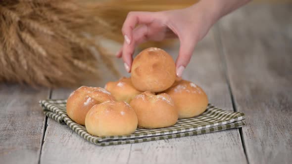 Delicious freshly baked yeast buns with crust
