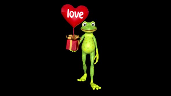 Frog Shows Gift Heart Balloon Looped Alpha Channel