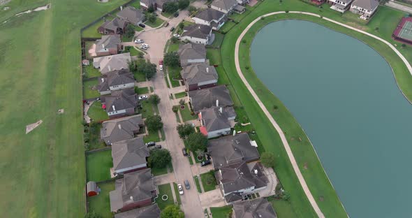 Aerial of middle class suburban neighborhood just outside of Houston, Texas