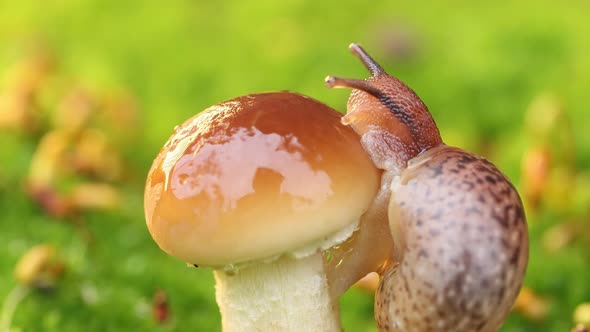 Close-up of a Snail Slowly Creeping in the Sunset Sunlight.