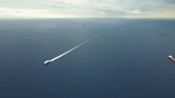 aerial view of cargo ships on Marmara Sea in a cold day