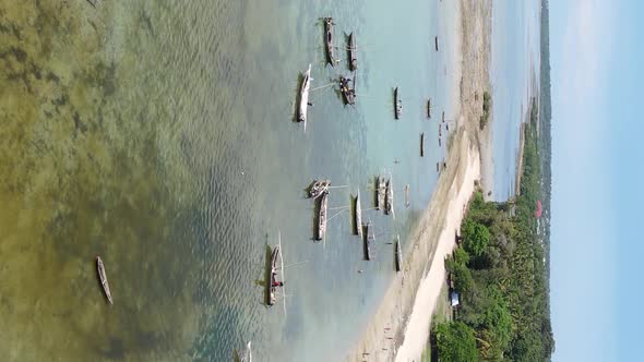 Vertical Video Boats in the Ocean Near the Coast of Zanzibar Tanzania Aerial View