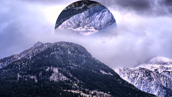 Mountainous landscape and a circle with mountains reflection