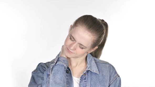 Casual Young Woman with Neck Pain White Background