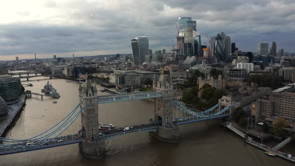 Aerial View to the Beautiful Tower Bridge and the Skyline of London