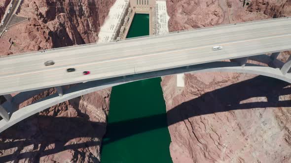 Top-down View of the Hoover Dam Bypass Bridge Turns Into a Panoramic View of the Entire Dam View.