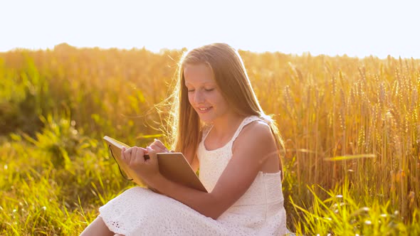Smiling Girl Writing To Diary on Cereal Field