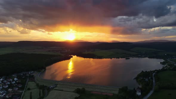 Aerial view of Teply vrch reservoir in Slovakia - Sunset