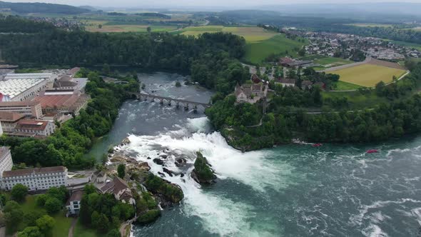 Aerial shot of The Rhine Falls (Rheinfall) in Switzerland, Europe