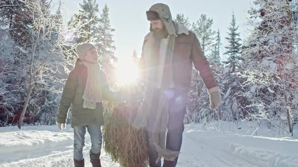Father and Son Carrying Christmas Tree in Winter