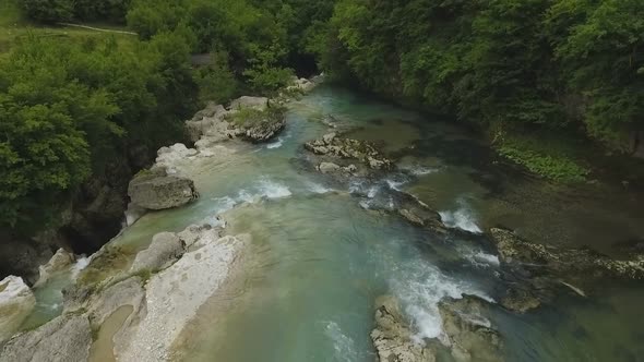 Aerial View of Green Valley With River and Waterfall, Amazing Nature in Georgia