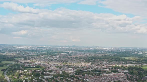 Slider drone shot of central London skyline from far west Richmond Twickenham