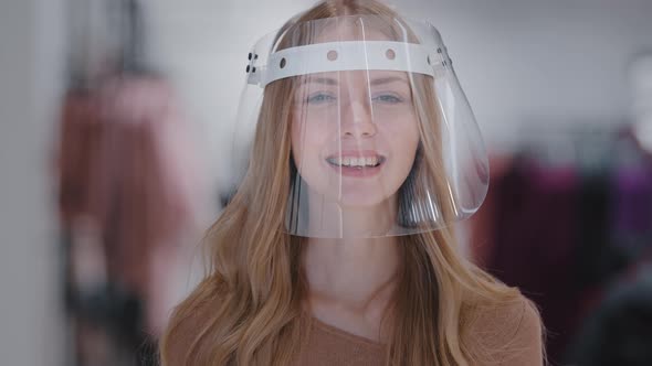 Headshot Portrait Girl in Transparent Plastic Mask Closeup Young Caucasian Woman Smiling Looking at