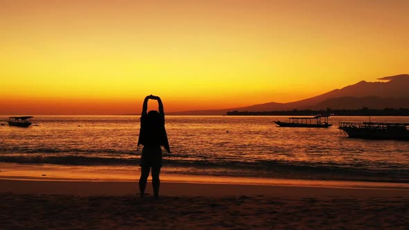 Single lady tans on beautiful resort beach time by blue lagoon and white sandy background of the Mal