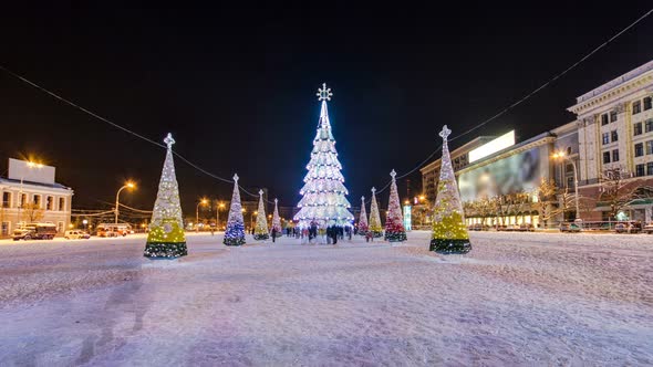 The Central City Christmas Tree at the Liberty Square Timelapse Hyperlapse in Kharkov, Ukraine.