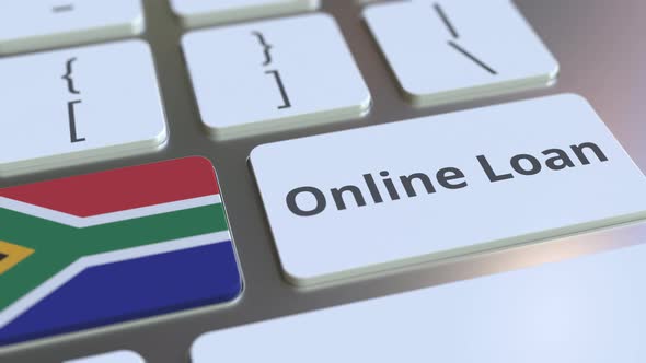 Online Loan Text and Flag of South Africa on the Keyboard
