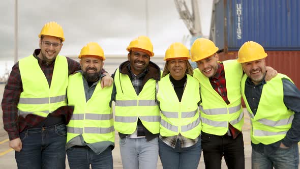 Multiracial Worker People Having Fun Inside Container Cargo Terminal at Maritime Port