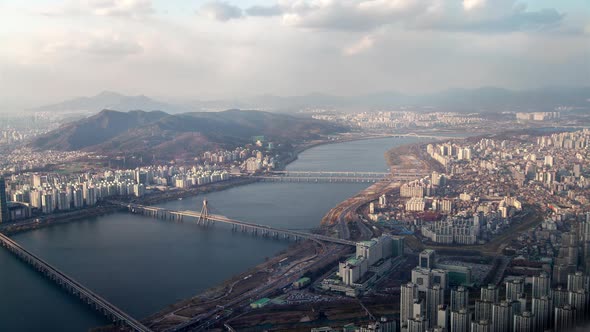 Panorama of Seoul Cityscape with River Korea Bridge