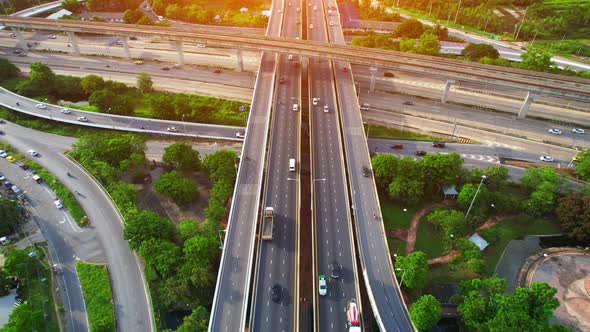 Stunning Aerial view drone shot above freeway traffic