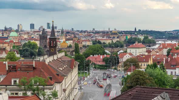 Aerial View of the Old Town Pier Architecture and Charles Bridge Over Vltava River Timelapse in