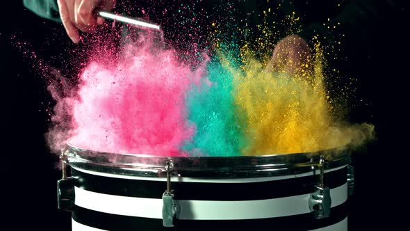 Super Slow Motion Shot of Drum Hit with Color Powder Explosion at 1000 Fps