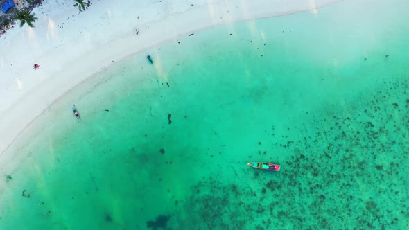 fishing boats in the turquoise calm lagoon, aerial shot revealing white sand beach with tall palms l