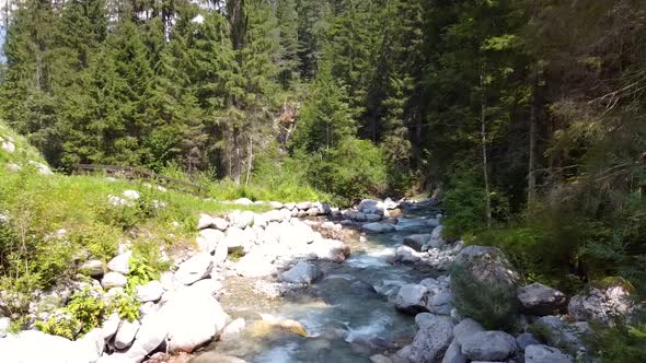 Aerial dolly flying downstream a creek in a mountain forest, descending view