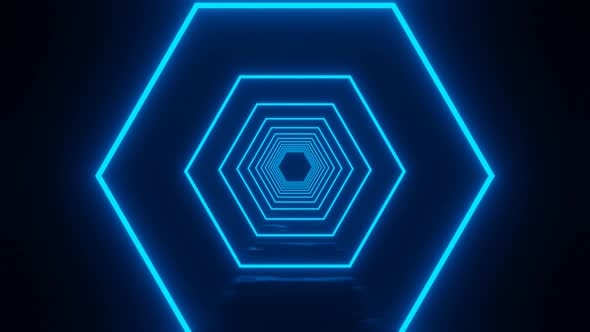 Seamless futuristic tunnel with neon glowing blue hexagons. Abstract loop sci-fi motion graphic