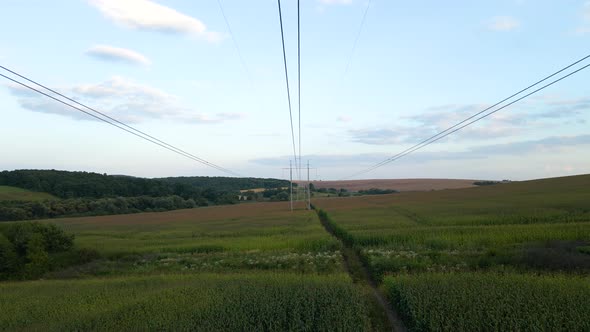 High Voltage Tower with Electric Power Lines Between Green Agricultural Fields