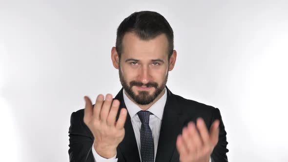 Portrait of Beard Businessman Inviting Customers with Both Hands