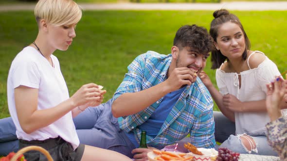 Friends with Drinks Eating Food at Summer Picnic 