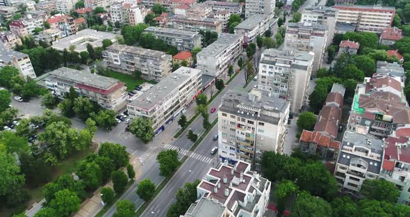 Aerial view of street traffic of the city center. Urban Landscape. 4K video. Varna, Bulgaria