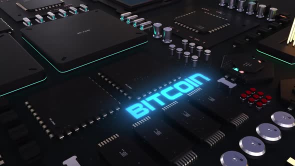 bitcoin header on the background of microprocessors on a circuit board . 