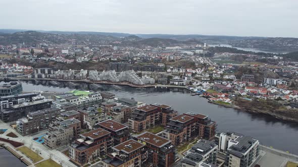 River Otra and Kristiansand city in southern Norway - Early morning aerial with beautiful view