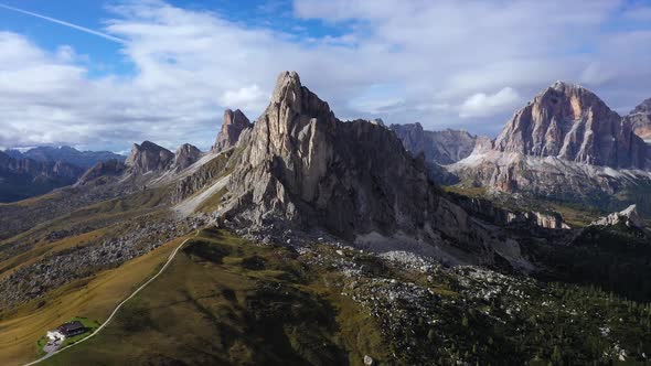 Flight above Italian Dolomites Alps ,Pass Giau