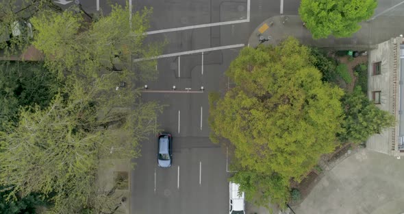 Historic aerial footage of an empty intersection in downtown Portland, Oregon due to COVID-19.