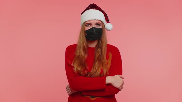 Woman in Christmas Red Sweater Wearing Face Mask Ppe to Safe From Coronavirus on Lockdown Quarantine