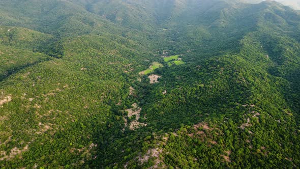 Small green and vibrant rice terraces surrounded by forestry mountains, aerial view