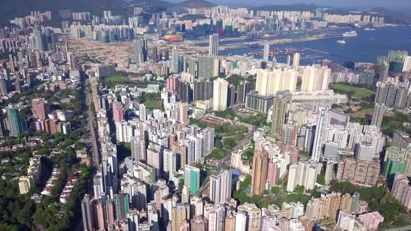 Drone fly over the Hong Kong urban city