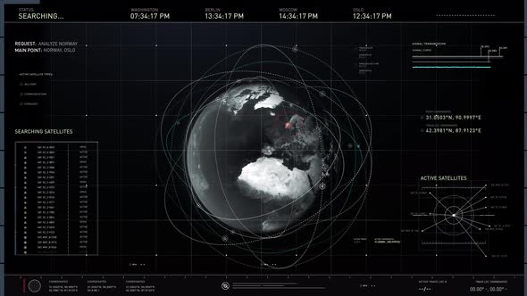 Dark world map appearing on screen. Satellites orbiting earth. Tracking location alt