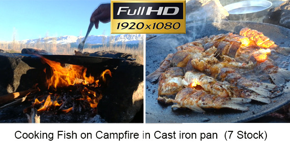 Cooking Fish on Campfire in Cast iron pan