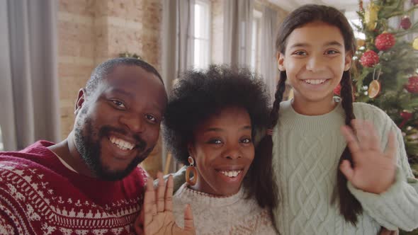 Afro Family Chatting on Web Call by Christmas Tree at Home