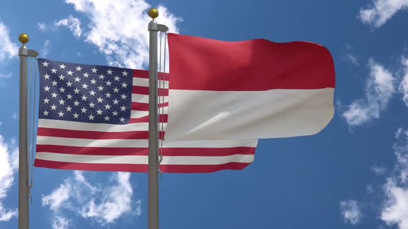 Usa Flag Vs Indonesia Flag On Flagpole