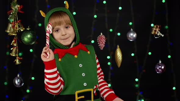 Kid Girl Christmas Elf Santa Claus Helper Costume Candy Cane Lollipop Joyful Smiling