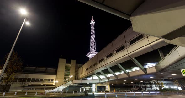 Night time hyper lapse of Funkturm Berlin with traffic, moving cars