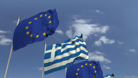 Many Flags of Greece and the European Union